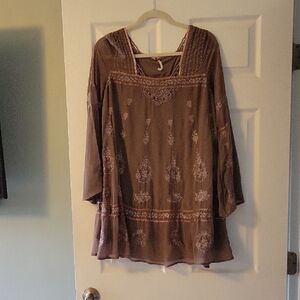 Free People Brown Cream 3/4 Sleeve Mini Dress